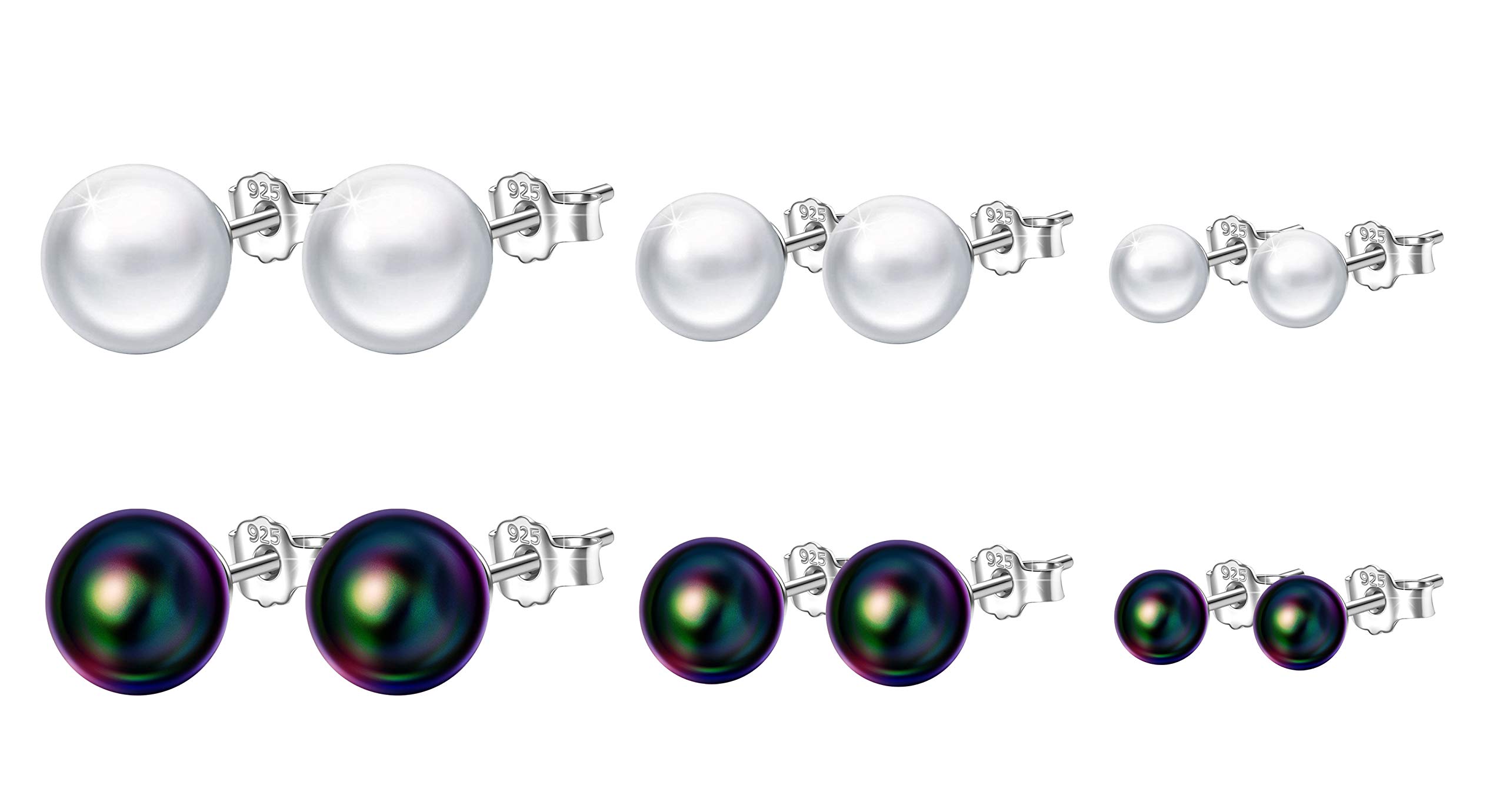 Pearl Earring Set Women 925 Sterling Silver Simulated Pearl Ball Stud Earrings 4mm 6mm 8mm