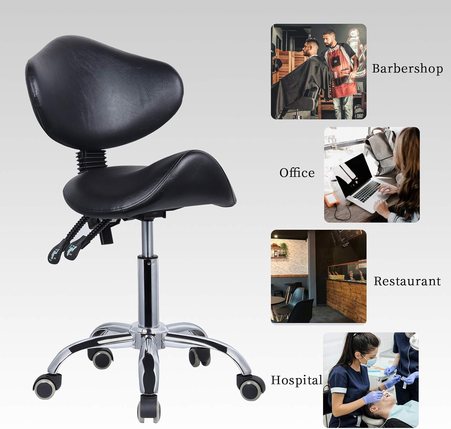 Hydraulic Saddle Rolling Chair, Heavy-Duty Stool Chair with Backrest for Beauty Salon Massage Dental Clinic Office, Black: Kitchen & Dining