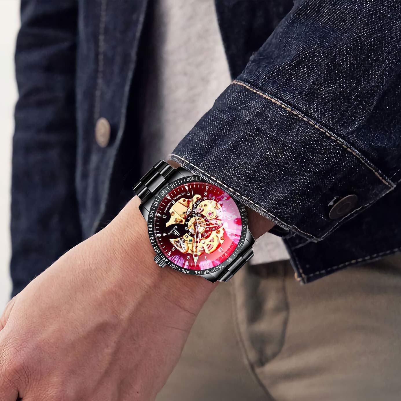 IK Men's Watch Skeleton Automatic Mechanical Wristwatch, Silver Golden Dial Tachymeter Black Stainless Steel Casual Steampunk Watch