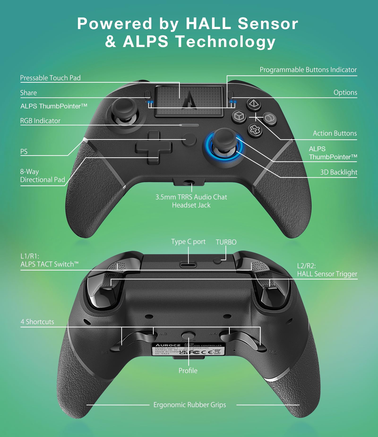 ASUSPORACE AUROCE Wireless Controller for PS4 Pro/Slim/PC, PS4 Controller Pro Gamepad with ALPS Joystick Hall Trigger Dual Vibration Mapping Button, Substitute for PlayStation 4 DualShock 4[1 Pcs]