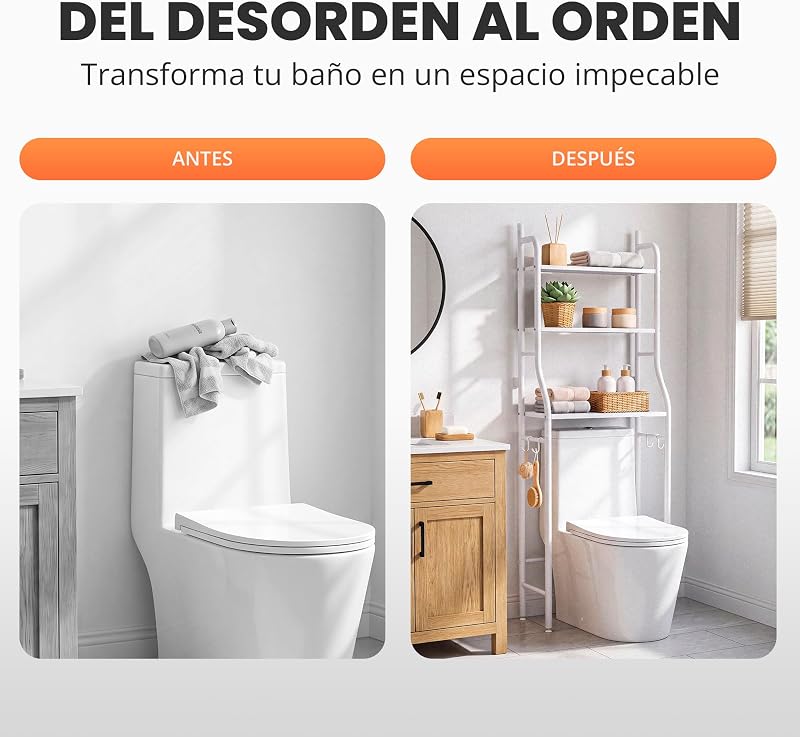 Estanteria Baño sobre Inodoro (47×26×153 cm) – Mueble Baño Auxiliar de 3 Niveles de Metal con Patas Regulables y Soporte Antivuelco, Organizador para Toallas, Lavadora o WC - Blanco — foto 5 de 7