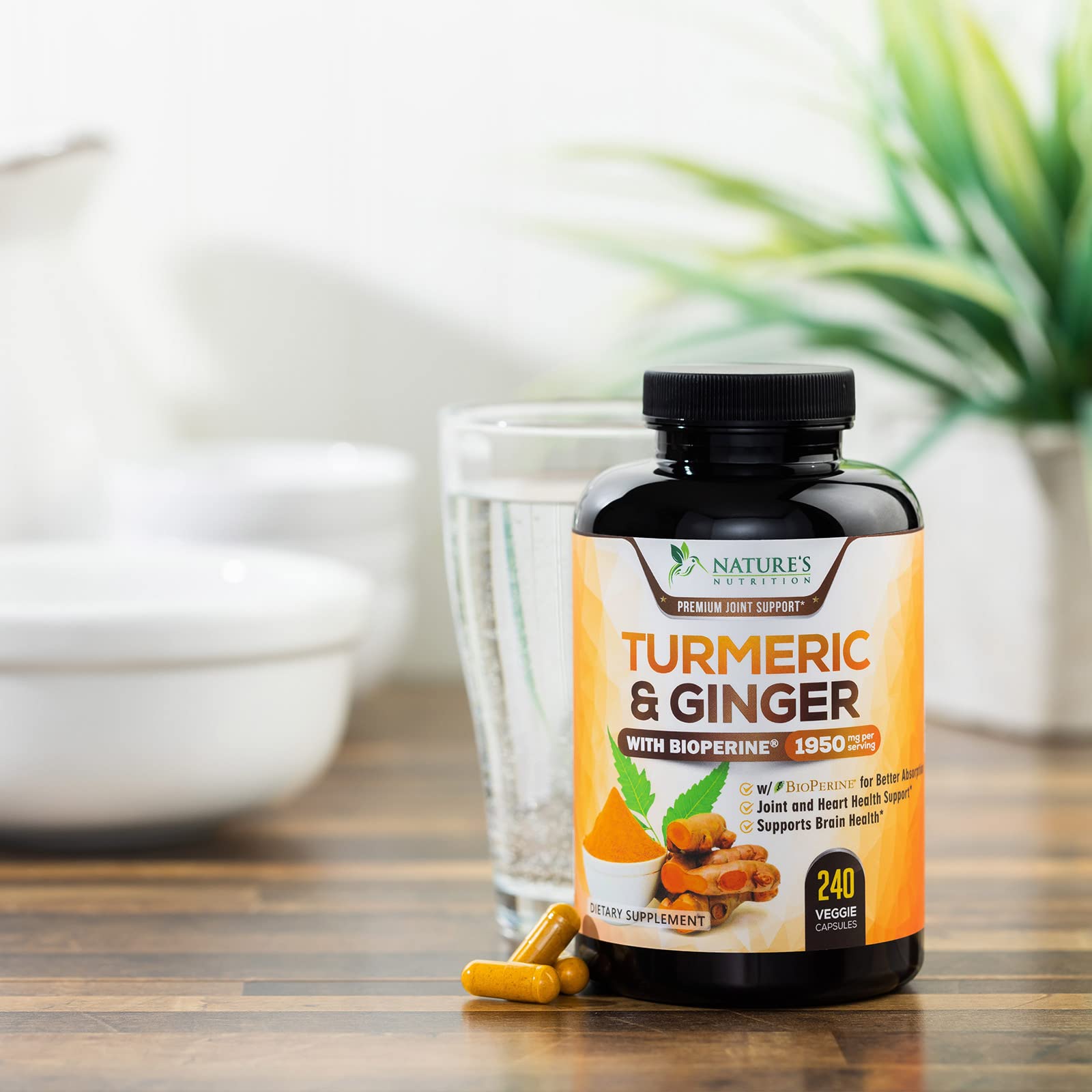 Turmeric Curcumin Supplement 1950mg - 95% Curcuminoids with Organic Turmeric & Ginger, BioPerine Black Pepper for Best Absorption, Nature's Vegan Joint Support, Non-GMO, Bottled in USA - 240 Capsules