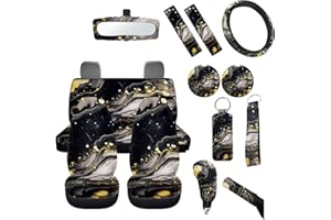 FUIBENG Black Marble Car Seat Covers Full Set for Women Men+Universal Fit Marble Style Automotive Interior Accessory Decoration with Steering Wheel Cover+Keyring+Cup Mats+Rear View Mirror Cover
