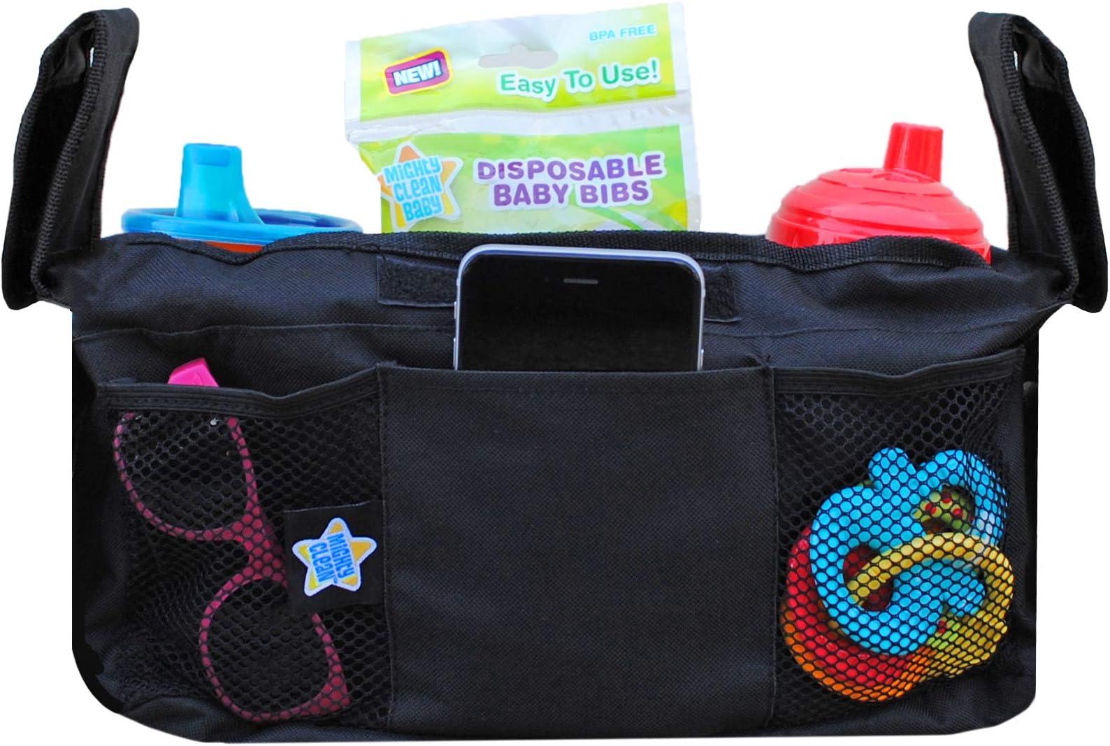 Mighty Clean BabyStroller Organizer - Fits Most Strollers and Includes Two Deep Insulated Cup Holders to Keep Bottles Warm and Drinks Cold