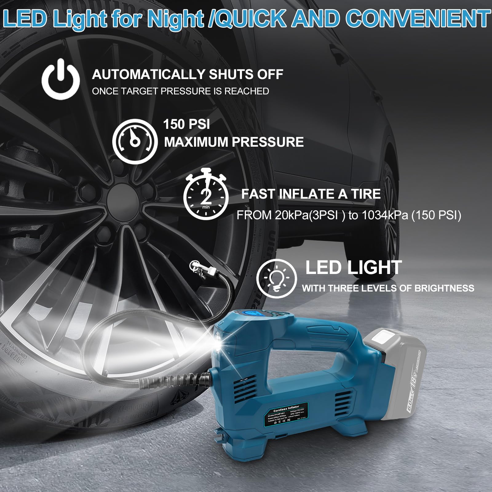 Powarobor 18V Akku Kompressor Kompatibel mit Makita 18V Akkus,10.34 bar Akku Autokompressor/kabellos Luftpumpe für Fahrrad/Auto/Motorrad 150PSI, Automatisch Stop,LED Lampe (ohne Akku, ohne Ladegerät) 5