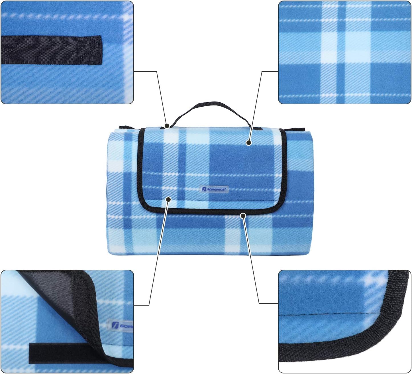 SONGMICS XXL Picnic Blanket Fleece Insulated Waterproof with Carry Handle (Squares Blue Stripes) 200 x 200 cm (GCM71B) - Image 5