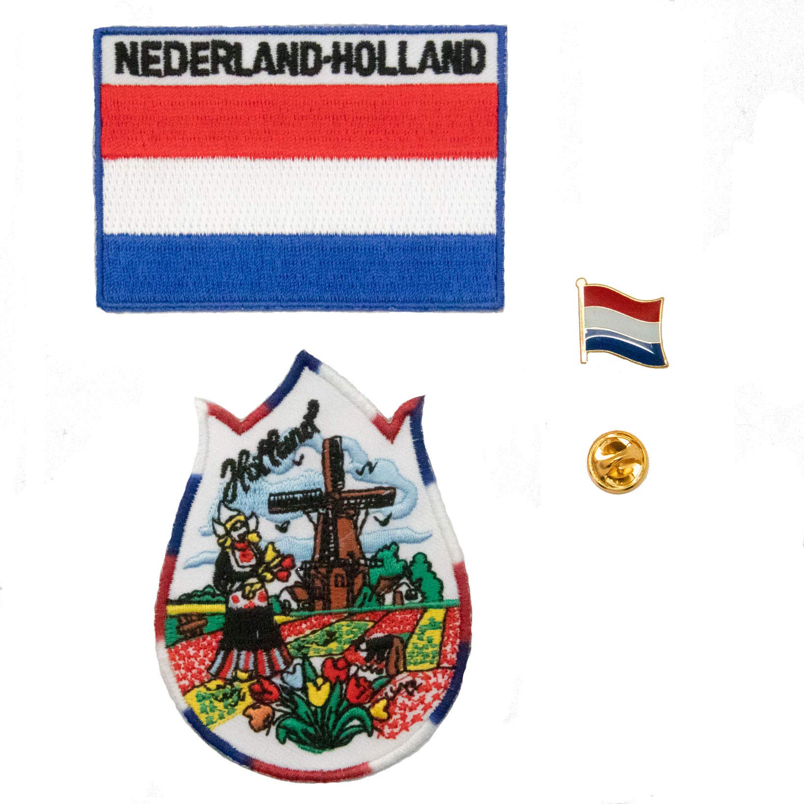 A-ONE 3 PCS Pack- The Netherlands Windmill and Tulip Patch + Holland Flag Embroidered Patch + Netherlands Flag Lapel Pin, Tulip Shape Patch, Metal Pin No.089B