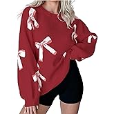 Womens Oversized Bow Sweater Cute Love Heart Print Preppy Pullover Top Chuncy Knit Long Sleeve Valentines Day Sweaters