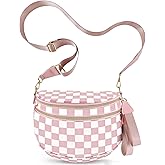 NEWROGENG Checkered Crossbody Bags for Women, Large Nylon Bum Bags Plus Size Fanny Pack Sling Bag Belt Bag for Women Travel, Pink Checkered
