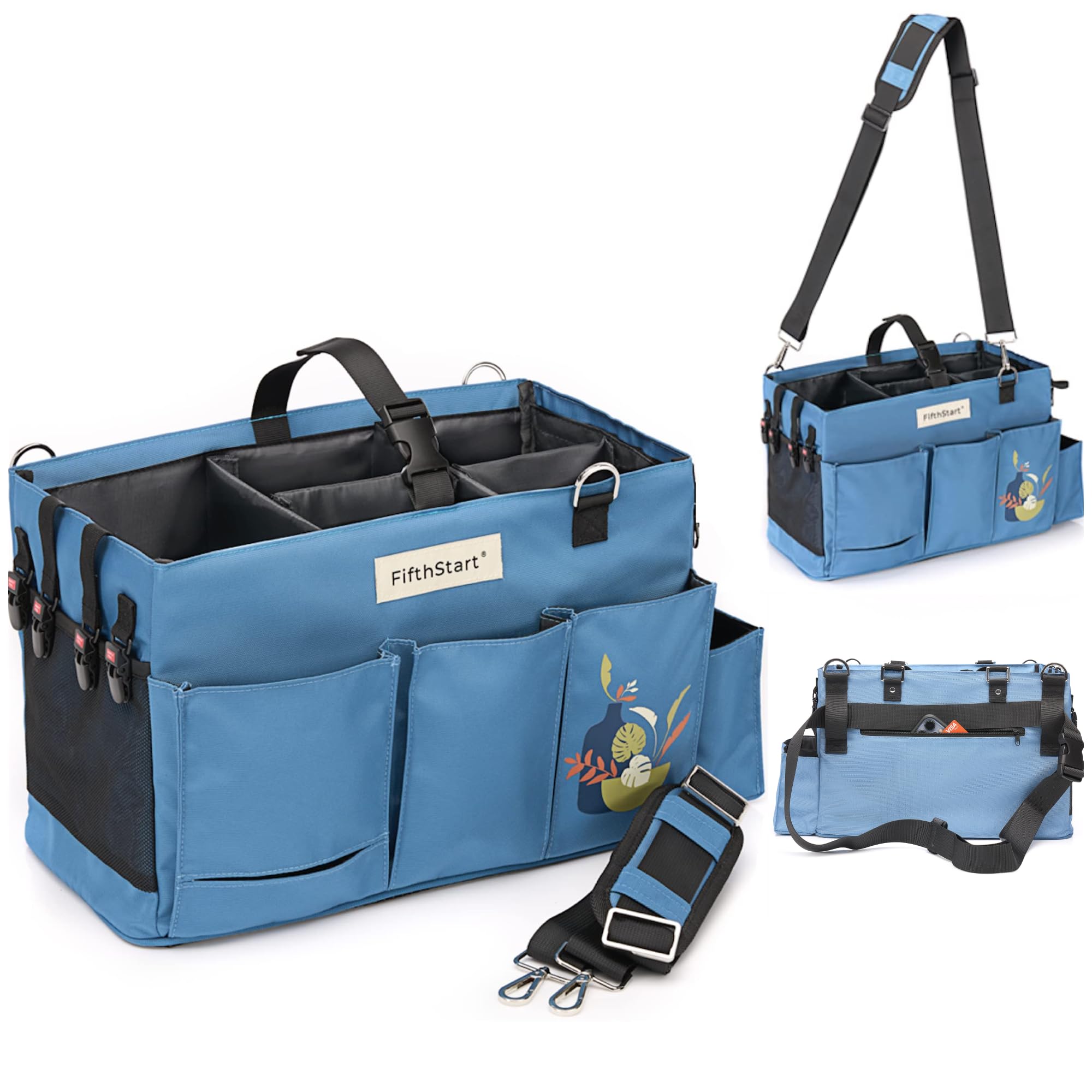 FifthStart Multipurpose Cleaning Caddy with Handle, Waist & Shoulder Strap - Nappy Caddy - 9 Pockets & Easily Cleaned - Sturdy & Portable Storage Box with Adjustable Compartments (Blue, Large)