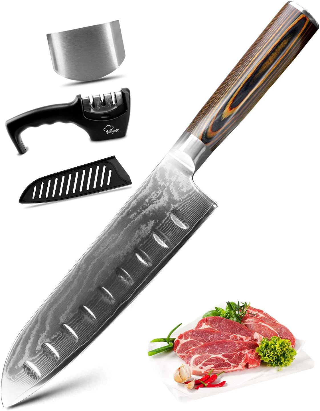 MYVIT Santoku Knife 7 inch Damascus Kitchen Chef Knife Japanese Cooking Knife Professional [Knife Sharpener Finger Guard Knife Sheath]