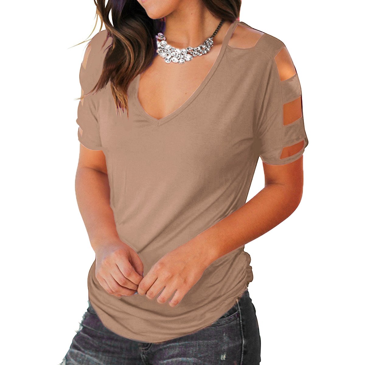 Eanklosco Women\'s Long Sleeve V Neck Cold Shoulder Cut Out T Shirts Casual Tunic Tops (L/UK 12, Light Coffee-Short)