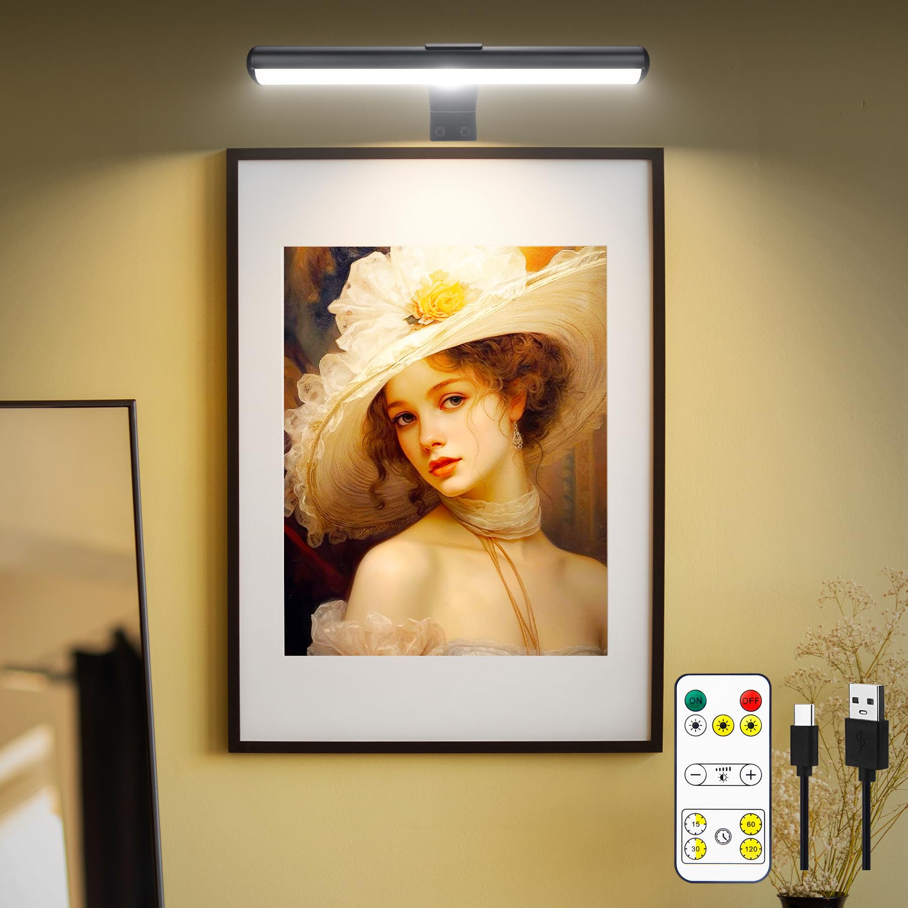 Photo 1 of TINTINDOC Battery Operated Picture Light 13’’ with 3 Lighting,Full Metal Wireless Painting Light for Pictures, Remote Art Light for Wall Dimmable, 6000mAh Rechargeable Picture Lights for Gallery Dart