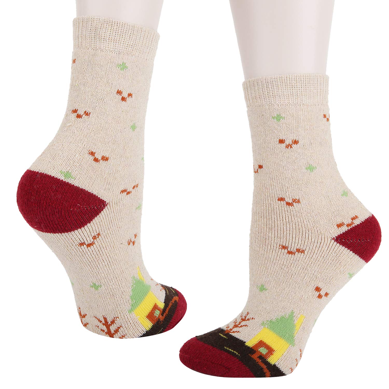 Happypop Women Girls Winter Thick Wool Warm Socks Soft Fuzzy Cute House Crew Socks Thermal Slipper Socks 5 Pack