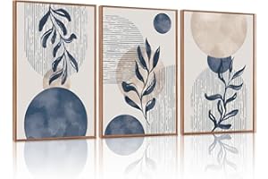 CHDITB Boho Plant Wall Art Set of 3,Blue Bohemain Framed Canvas,Abstract Geometric Line Wall Painting,Modern Nature Prints,Bo