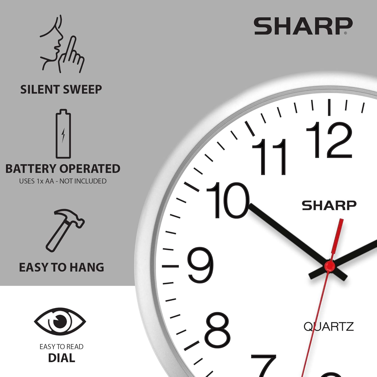 SHARP Wall Clock – Silver, Silent Non Ticking 14 Inch Quality Quartz Battery Operated Round Easy to Read Home/Kitchen/Office/Classroom/School Clocks, Sweep Movement: Kitchen & Dining