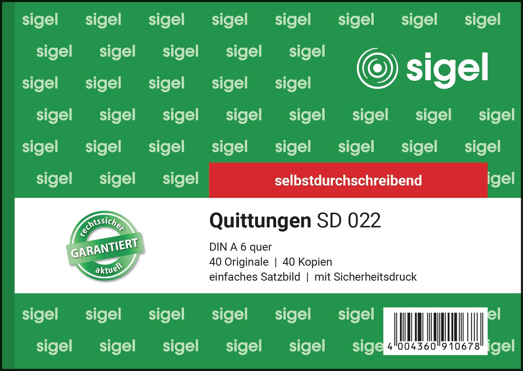 Sigel SD022 Invoice Books 'Quittung' A6 Landscape 2x40Blatt Carbonless Block – Free Shipping. Pack of 1