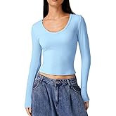 QINSEN Women Double Lined Fitted Basic T Shirts V Neck Long Sleeve Crop Top