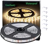 GuoTonG Warm LED Strip Lights, Waterproof cuttable 300 SMD 2835 LED Tape, 3000K 12V 16.4ft/5m Flexible Ribbon, Kitchen Cabine