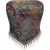 BEAUDRM Women's Boho Fringe Tube Tops 70’s Hippie Paisley Print Top Retro Bandeau Crop Tops Concert Outfits