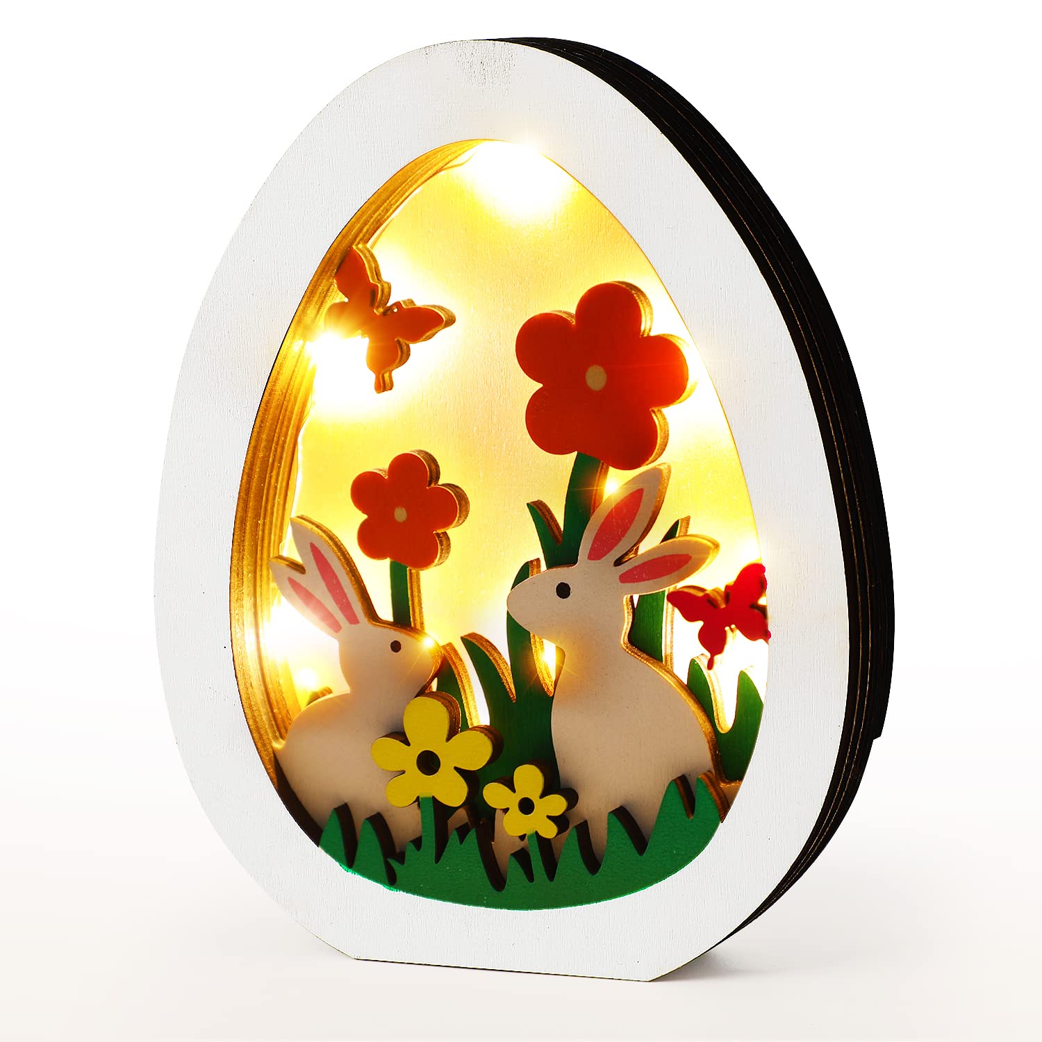 LOKIPA Easter LED Wooden Egg, Easter Wooden Egg LED Ornament, Wooden Egg Rabbit Crafts for Easter Home Decoration, 5*4.3*0.8inch