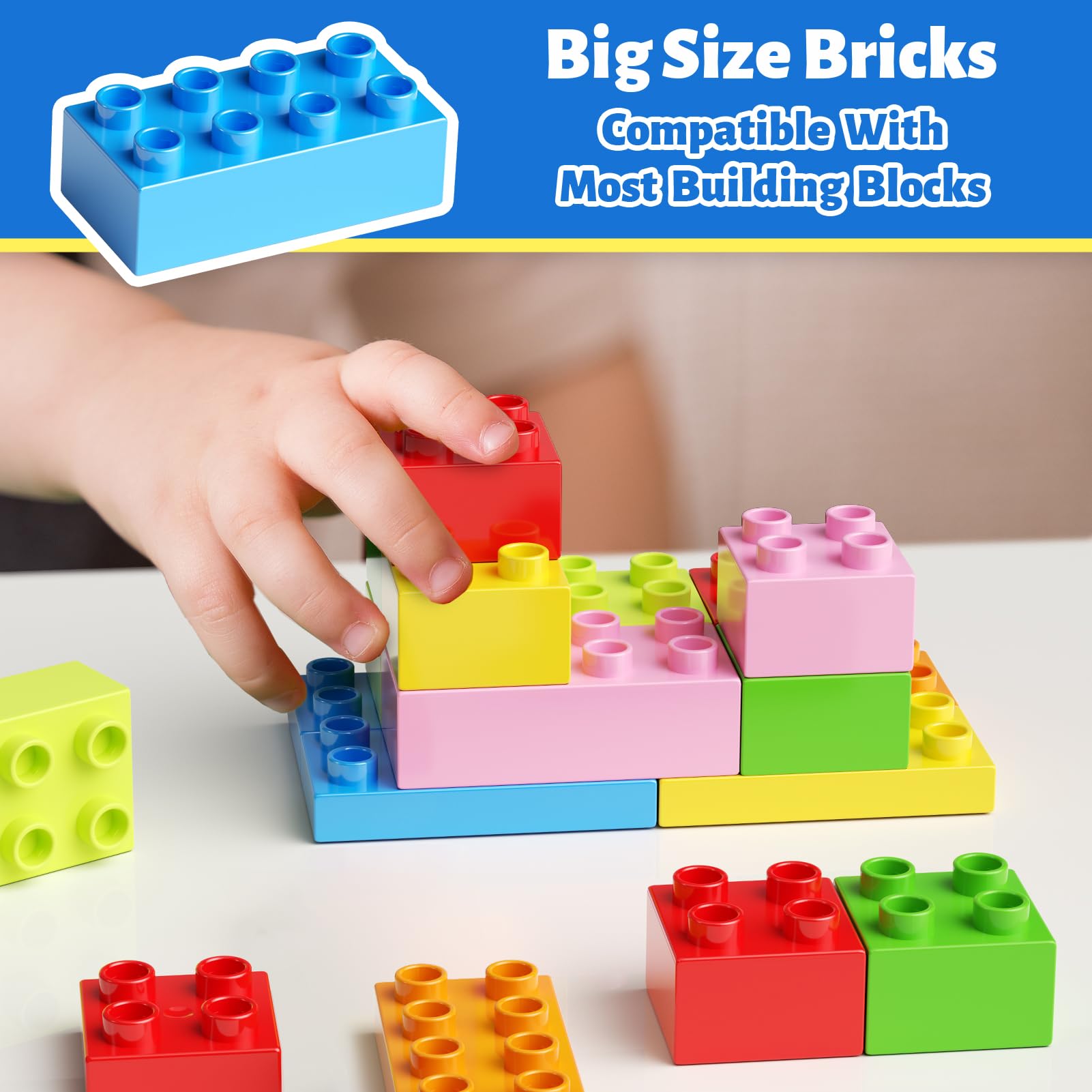 burgkidz Bausteine, 150 Farbenfrohe große Kreative Bauklötze mit Aufbewahrungsbox, die Kinder zum Bauen Anregen Zahlen und Alphabet, Konstruktionsspielzeug für Jungen Mädchen ab 3+ Jahre 2