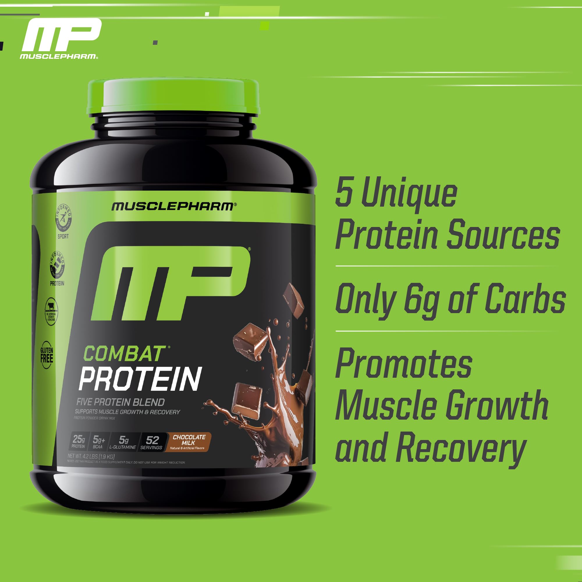 MusclePharm Combat Protein Powder, Chocolate Milk Flavor, Fuels Muscles for Productive Workouts, 5 Protein Sources Including Whey Protein Isolate & Egg Albumin, Gluten Free, 4.2 lb, 52 Servings