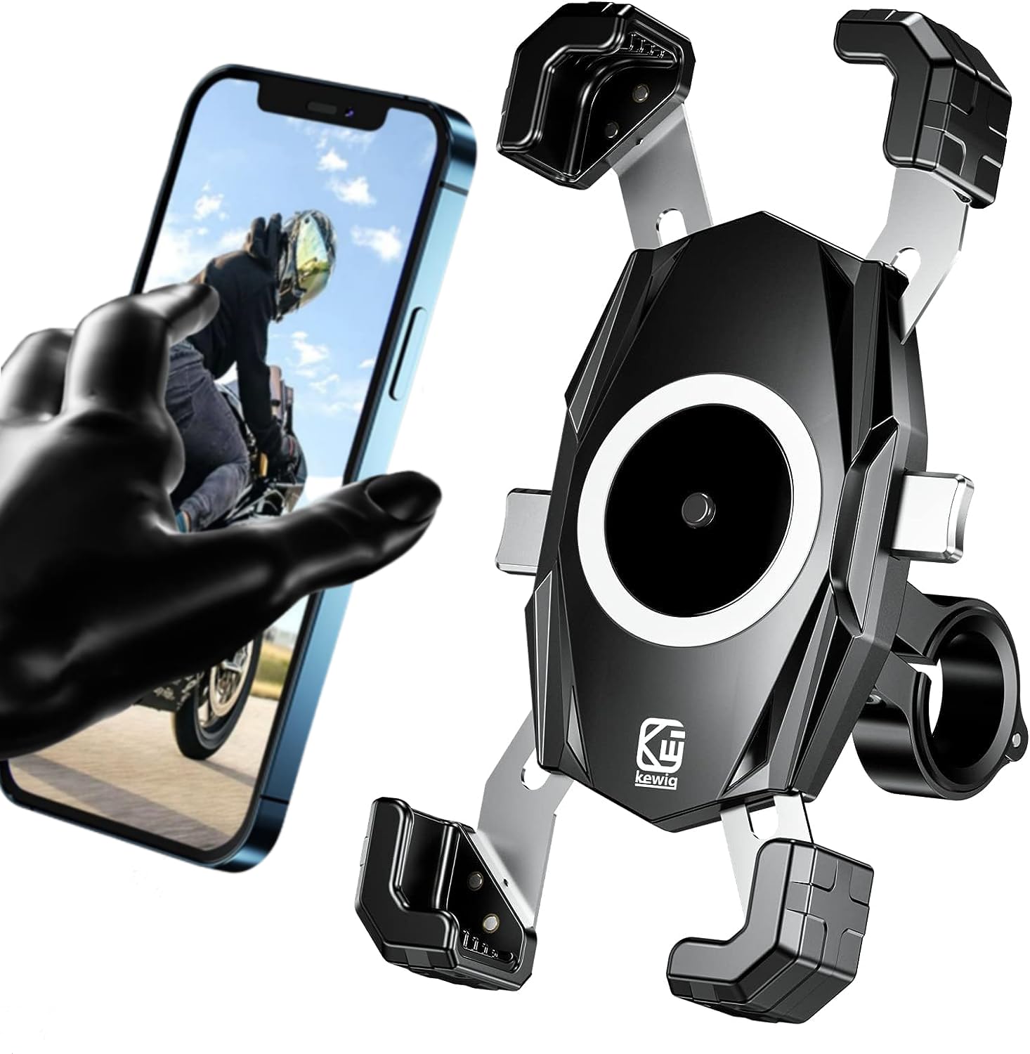 Kewig Motorcycle Phone Mount, Bike Phone Mount, One-Push Automatically Lock & Release, Bicycle Scooter Phone Handlebar Clip Clamp Fit for 4.0-6.9"
