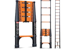 WATATI Telescoping Ladder, 14.5FT Aluminum Collapsible Extension Ladder with 2 Triangle Stabilizers & Non-Slip Feet, Portable Ladder Max Capacity 330 LBS for Home, RV, Outdoor(Orange)