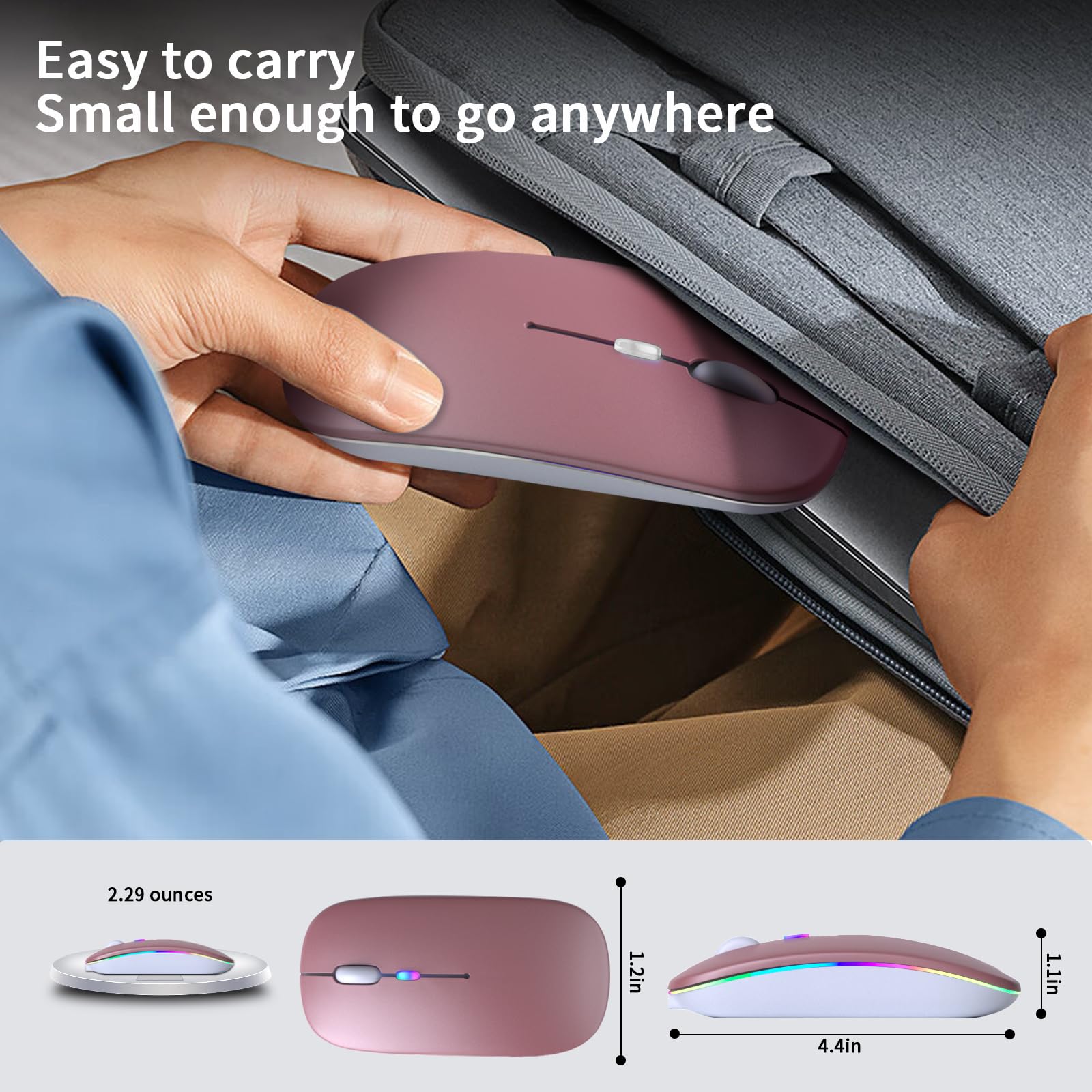 KANMABPC Wireless Bluetooth Mouse – Rechargeable, Silent, Dual Mode (Bluetooth 5.2 & USB) with LED Lights – Portable for Laptop, Desktop, & Tablet(Rose Gold)