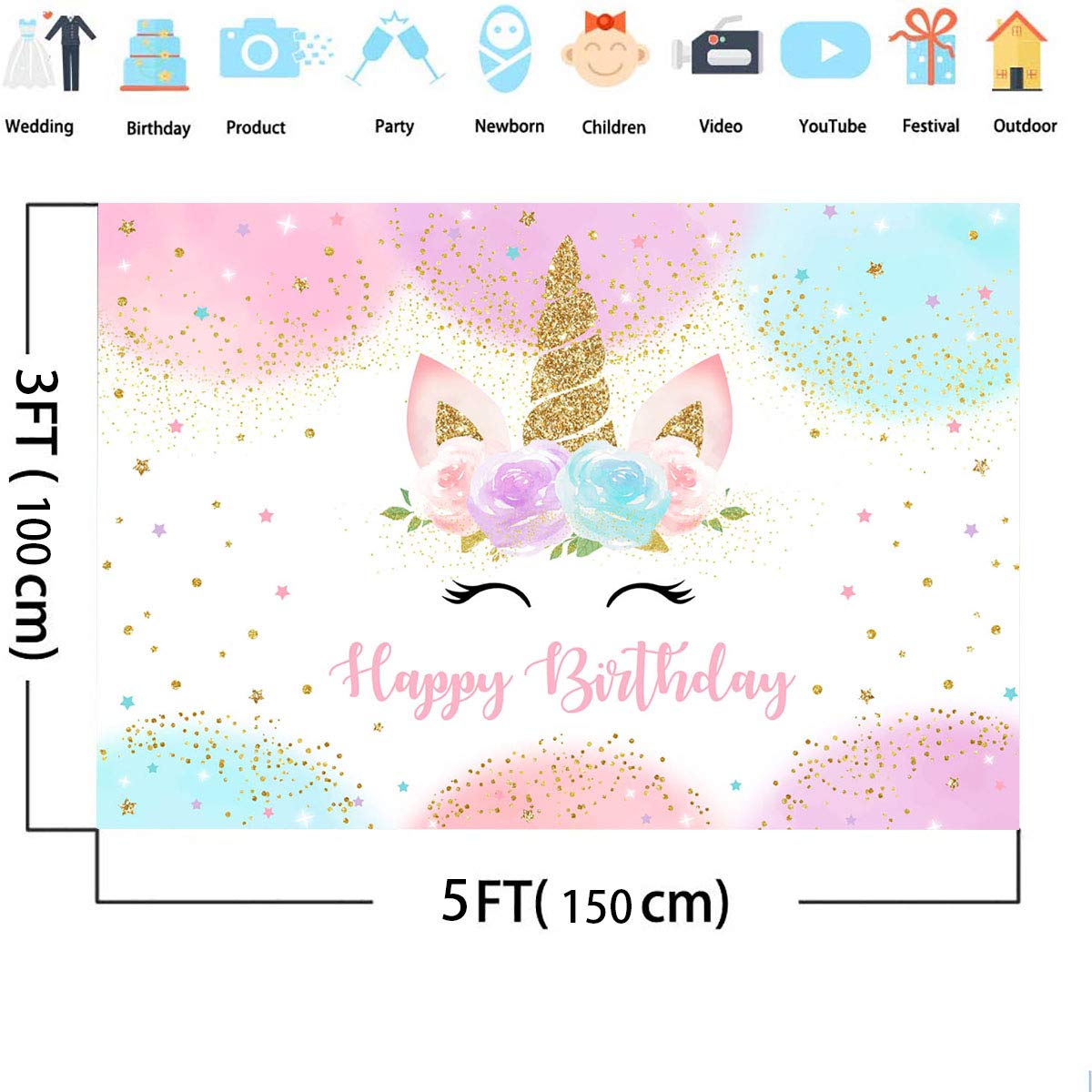 Mocsicka Unicorn Birthday Decorations Backdrop for Girls Party 5x3ft Pastel Rainbow Glitter Stars Dots Happy Birthday Banner Photo Booth Props