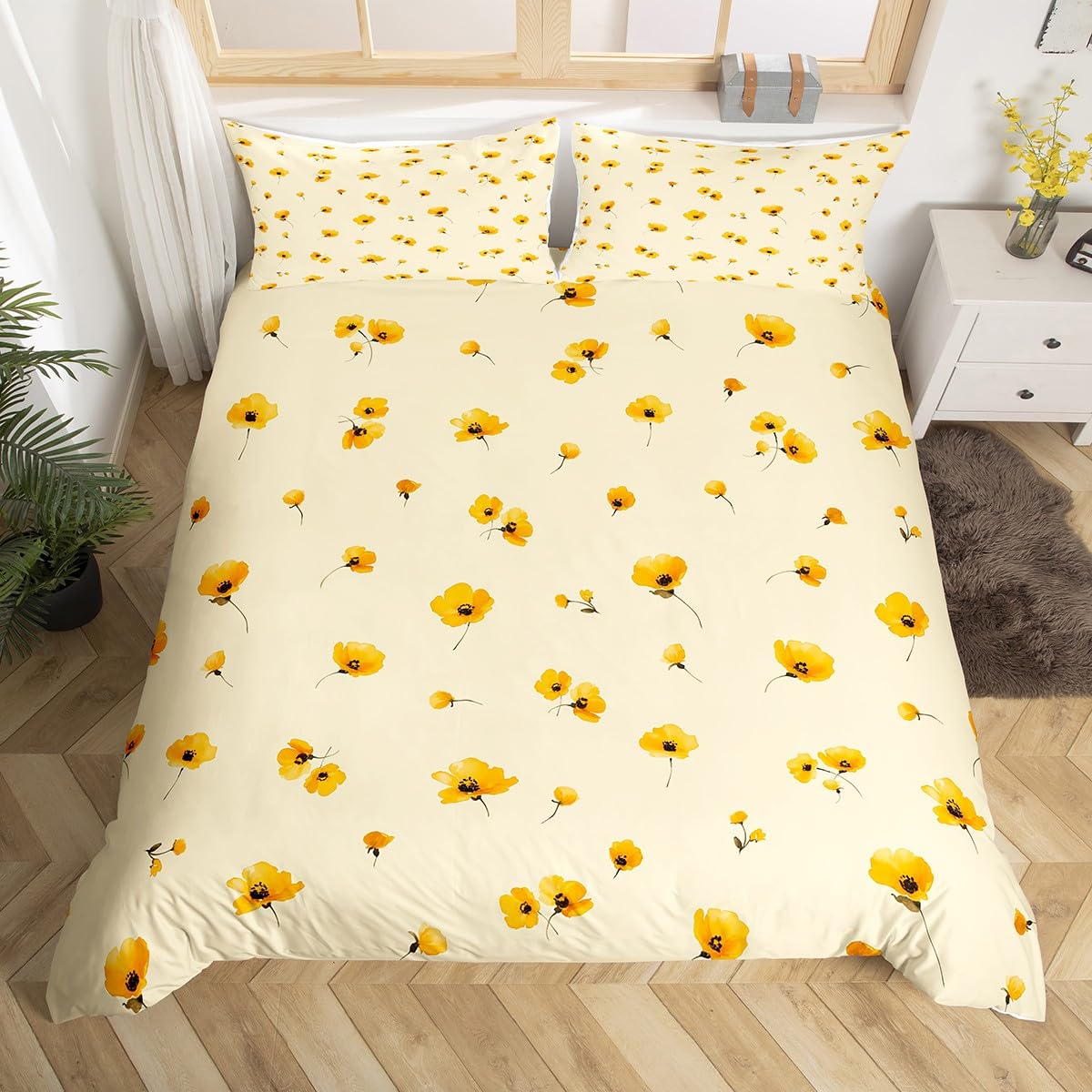 Homewish Yellow Floral King Size Duvet Cover Set, Flowers Bedding Set Luck Clover and Plaid Reversible Design Floral Kids Room Decor Bedclothes 1 Duvet Cover 2 Pillowcases (King,Cream Yellow) — image 1