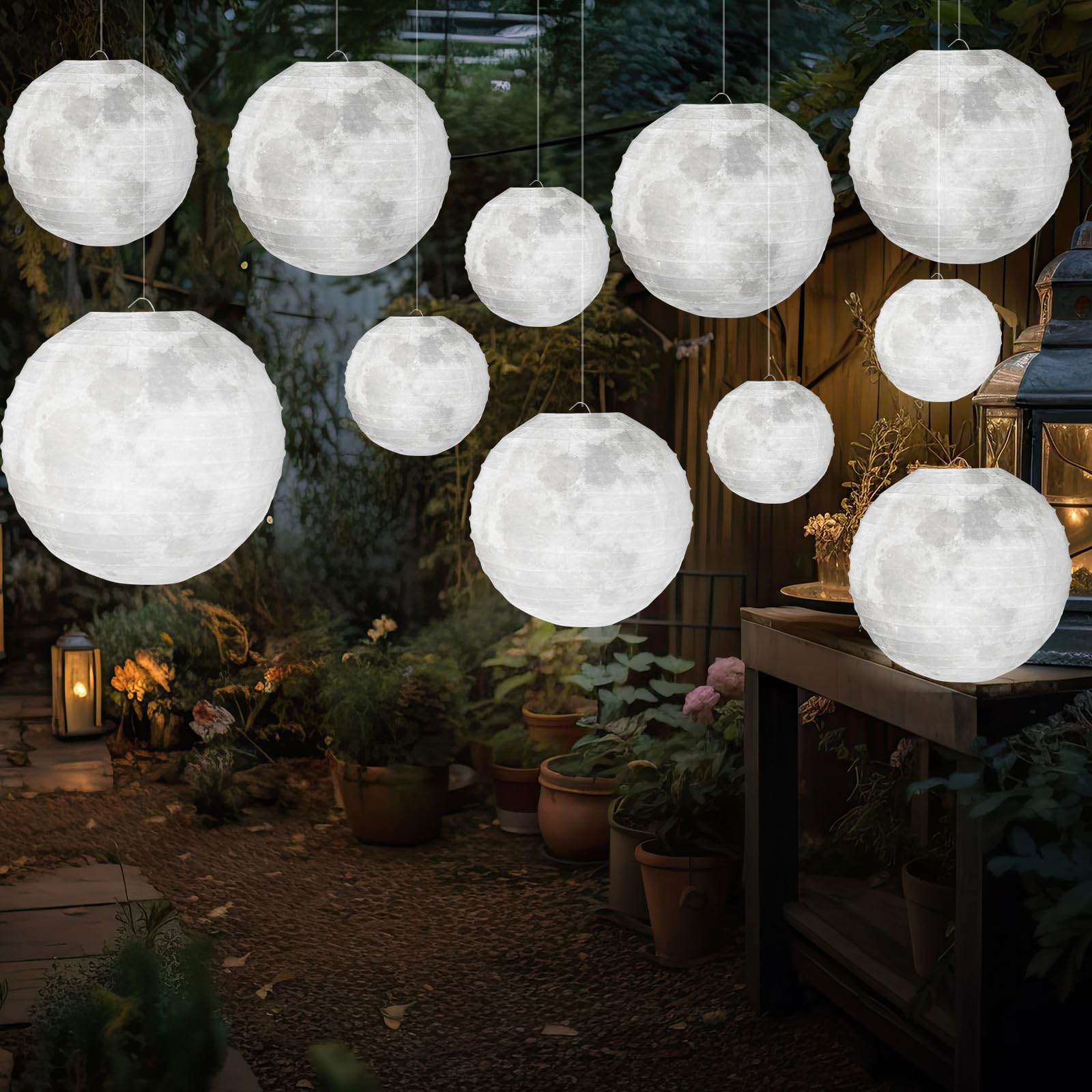 Photo 1 of Baquler 12 Pcs 12 Inch Moon Paper Lanterns Back to School Classroom Decor LED Outer Space Moon Party Decorations Hanging Paper Chinese Lanterns for Room Classroom Ceiling Party Decor