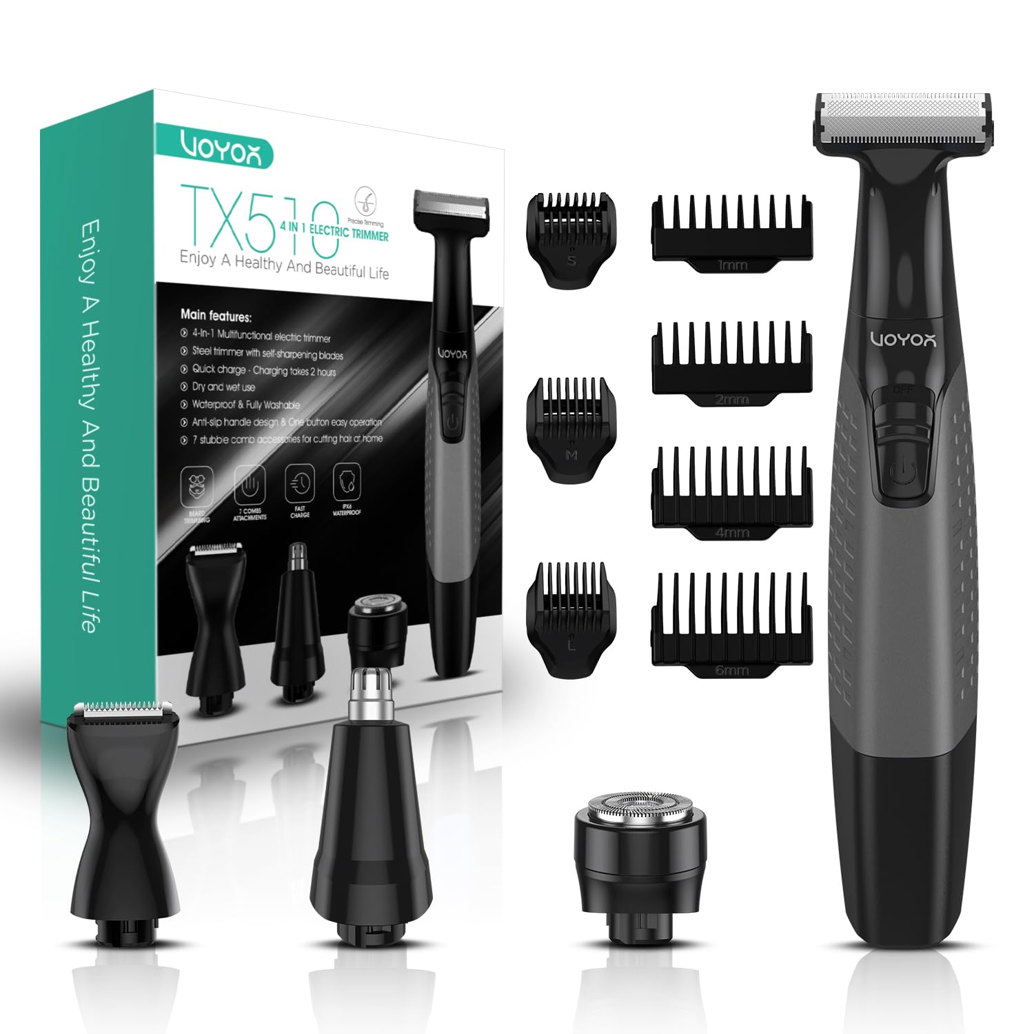 VOYOR Beard Trimmer - Men's Electric Razor with Combs & Sharp Blades for Body & Nose Hair Trimming, USB Charging, Wet&Dry, TX510 (Grey)