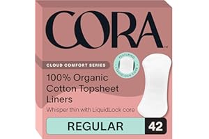 Cora Period Regular Liners | 100% Organic Cotton Topsheet | Ultra Thin, Quick Absorbency | Hypoallergenic | Dermatologically Tested | Unscented, No Wings (42 Liners)