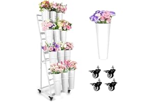 ZpigToor Flower Display Stand With 12 Buckets,4-Tier Flower Bar with Wheels,Flower Cart Display Stand for Florist Garden Wedd
