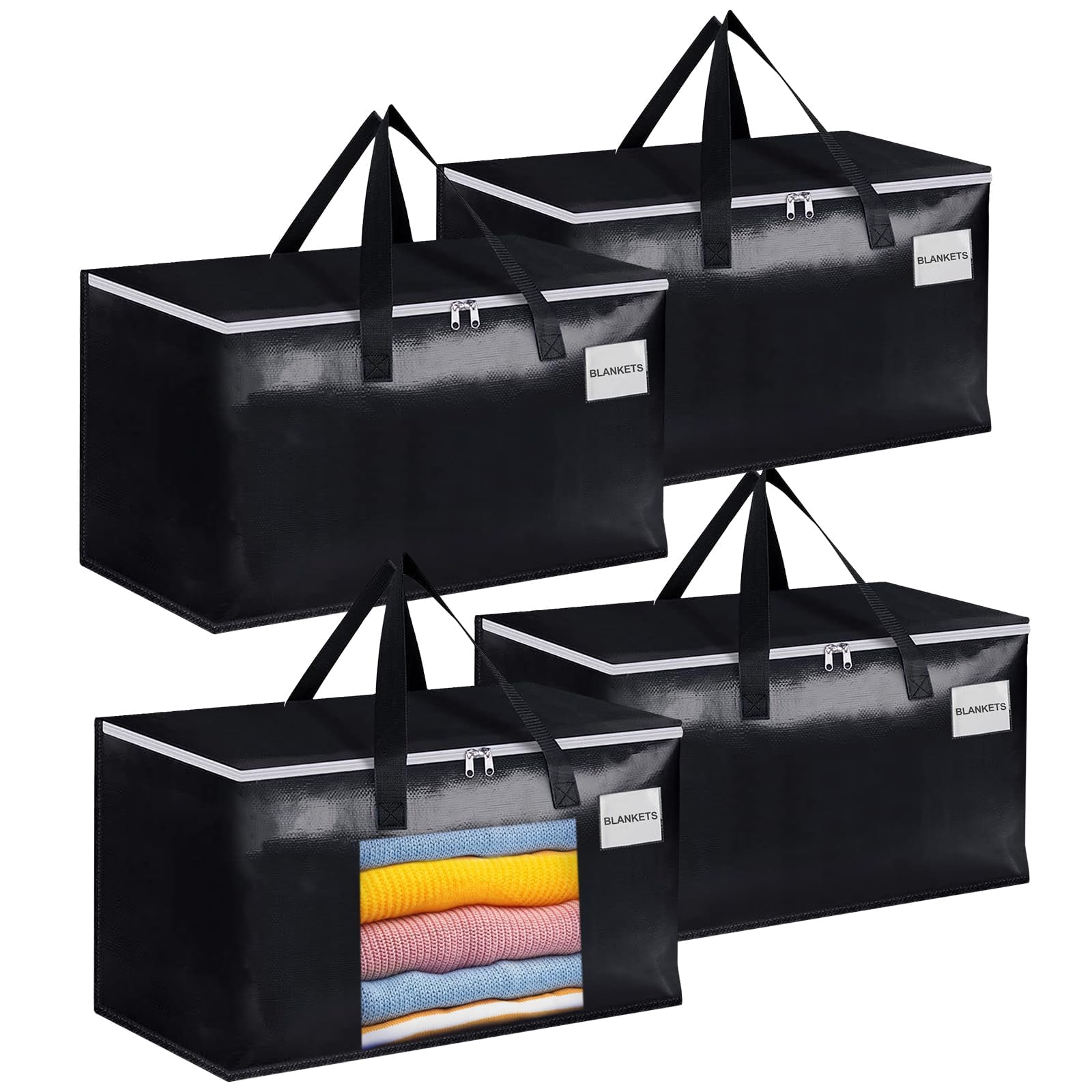 Minicoco 4 Packs, 90L Large Clothes Storage Bags, Closet Organizers and Storage with Reinforced Handle, Zips and Tag Pocket Moving House, Storaging Clothes, Bedding Travelling, Camping (Black)