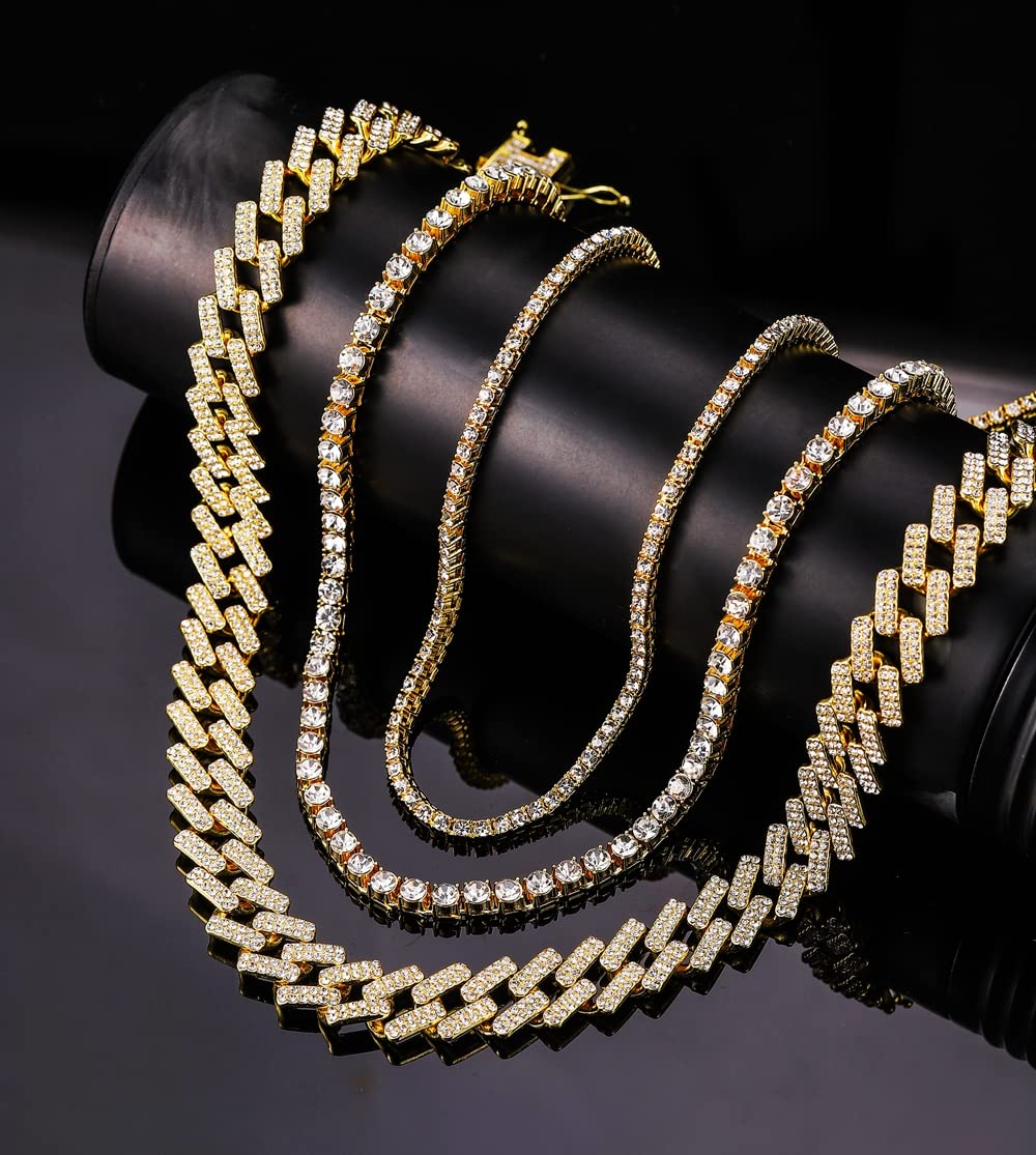 HH BLING EMPIRE Gold Silver Chain Necklace for Men Women Iced Out Diamond Tennis and Cuban Link Chain Necklaces Hip Hop Jewelry Sets 3Pc 18/20/24 Inch