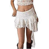 RoseSeek Women's Y2K Lace Ruched Skirts Asymmetrical Ruffle Hem Drop Waist Mini Skirts