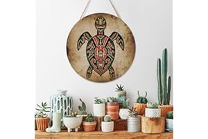 Cheliyz Native American Totem Symbol Indigenous Tribal Turtle Art Circular Wooden Painting Wall Decor 12 Inch Seasonal Displa