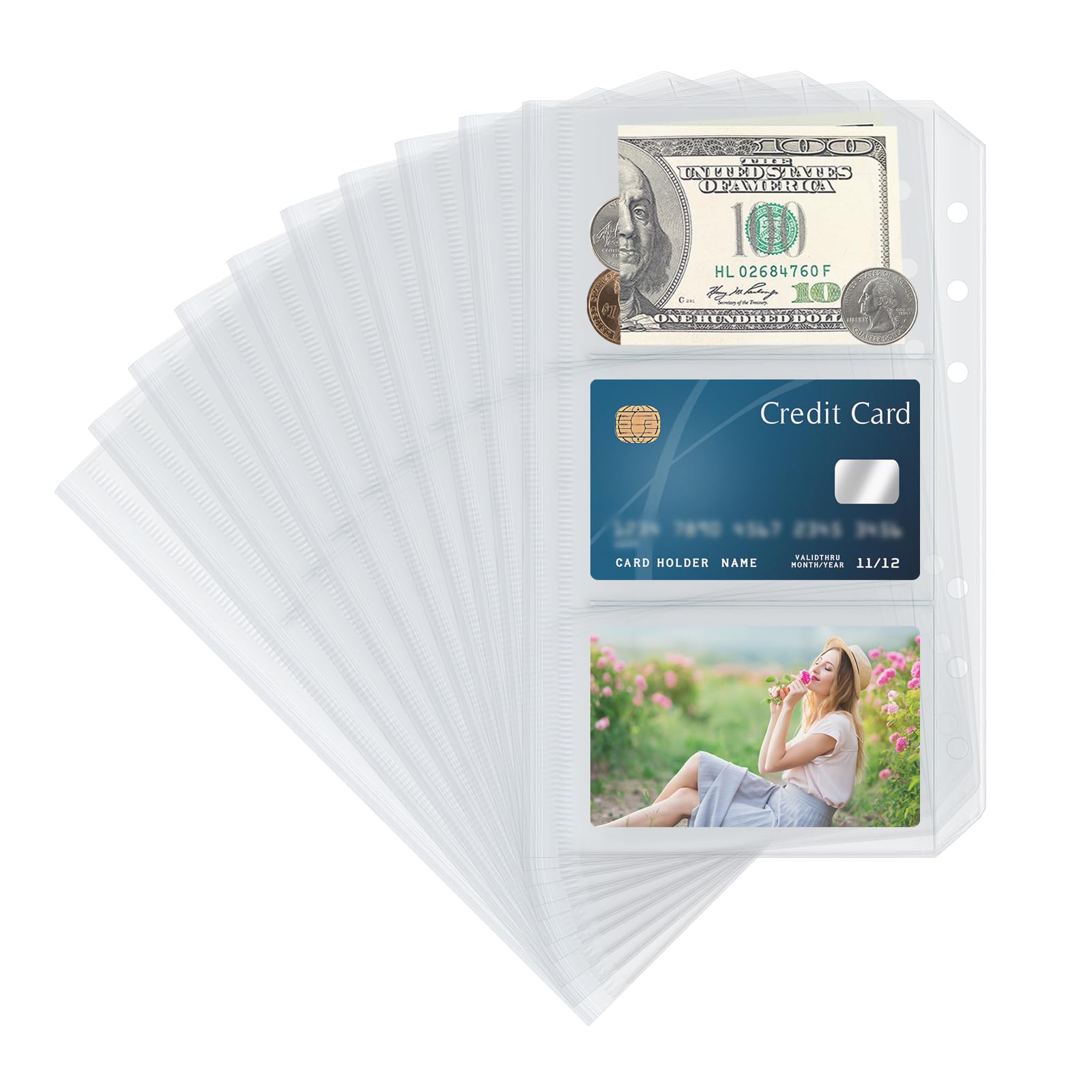 Photo 1 of 10 Pack Multi-Compartment Zippered Clear Binder Pocket Sleeves for 6 Ring A6 Binder - Divided Zipper Pouch Money Cash Saving Budget Binder Insert Refill Card Page Protectors Loose Leaf Bags (3-Pocket)