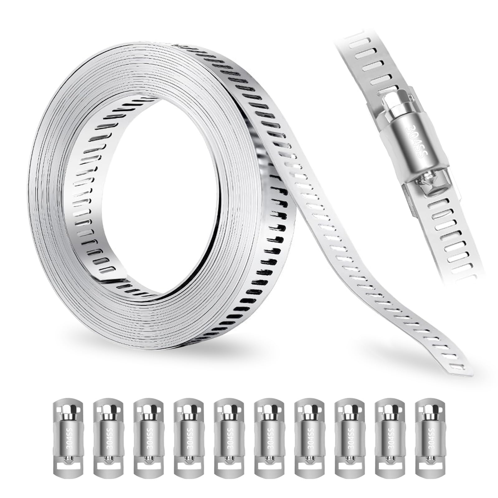 5m/16.4ft Worm Drive Stainless Steel Hose Clamp Kit - 304 Steel Adjustable Clips With 10 Fasteners for Tube and Fuel Line