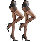 ZIHUA 2 Pairs Black Patterned Tights for Women, Sheer Nylon Stockings with Back Seam, Polka Dots, Hearts, S-XL