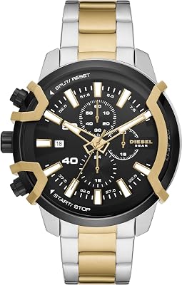 Reloj Griffed para hombre, Movimiento cronógrafo de cuarzo con correa de acero inoxidable, Tono plateado y negro, 48 mm