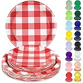 LANLISA 50 Red Gingham Paper Plates Set Includes 25-9" & 25-7" Disposable Birthday Cake Dessert Red and White Plates for Party Supplies