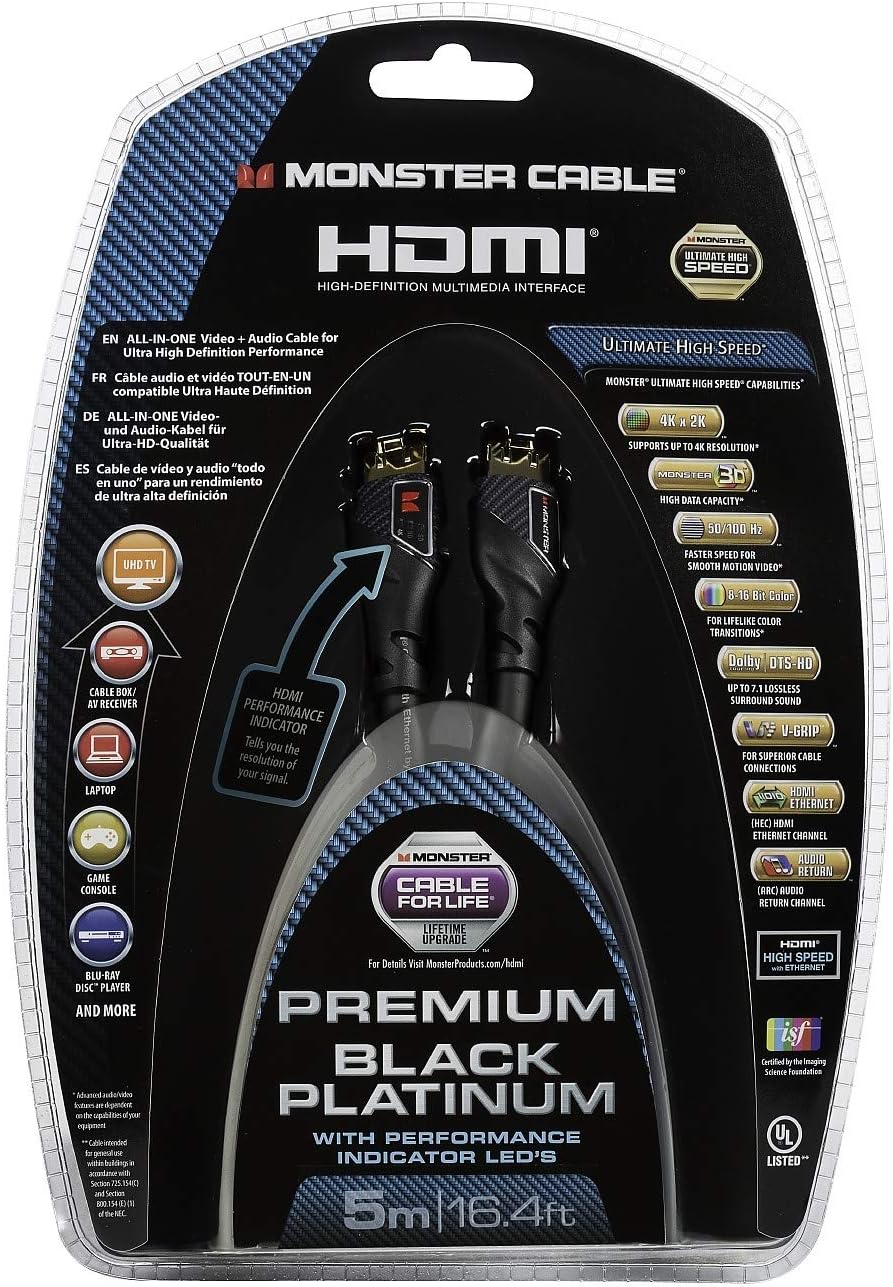 Monster Black Platinum Ultimate High Speed HDMI Cable with Ethernet and Performance Indicator - 5 m. length