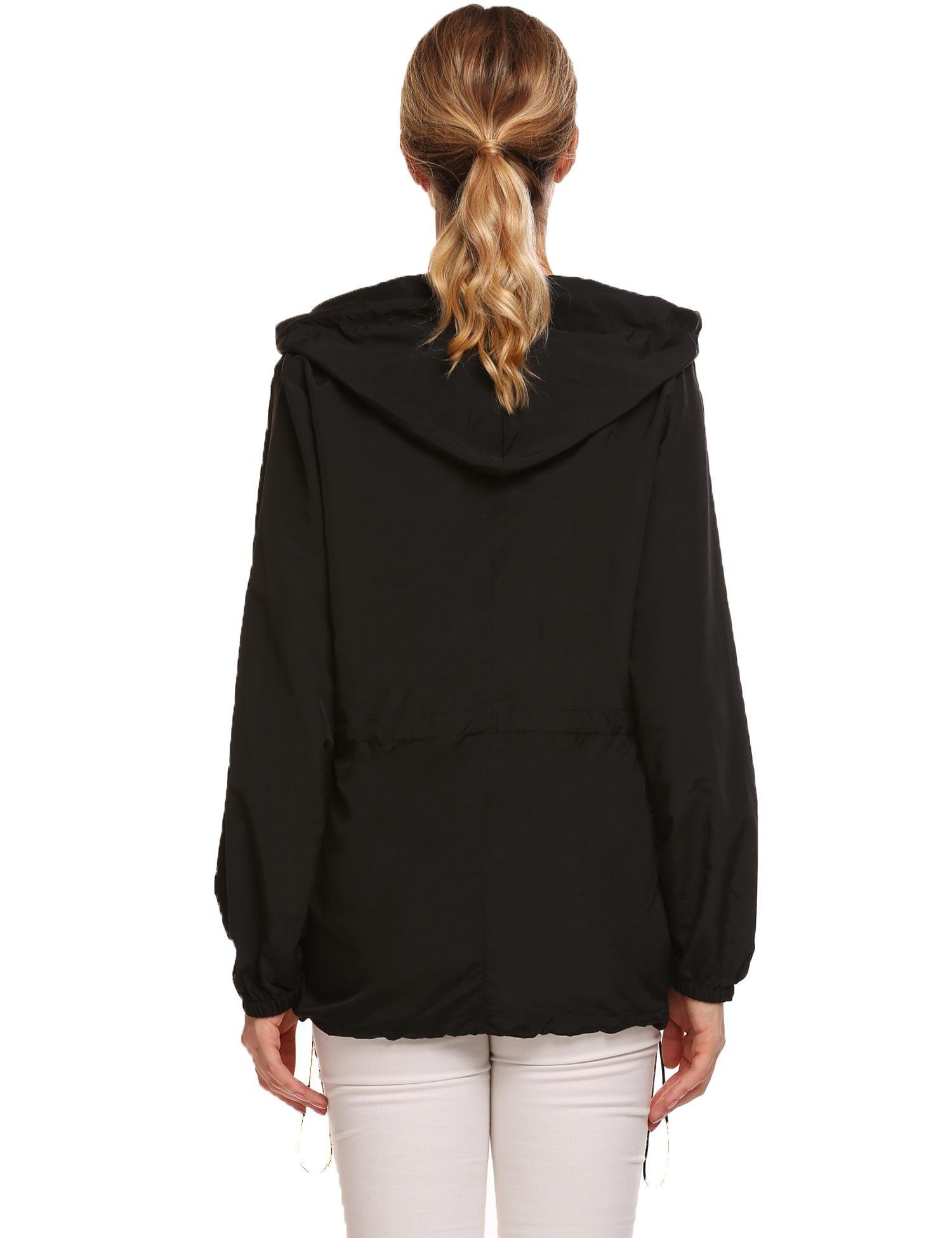 FineFolk Women Waterproof Lightweight Hood Reflective Outdoor Raincoat Windbreaker Rain Jacket Black