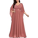 MISSMAY Women's Plus Size Deep V Neck Sequins Lace with Cape Cloak Sleeves Formal Evening Wedding Maxi Dress