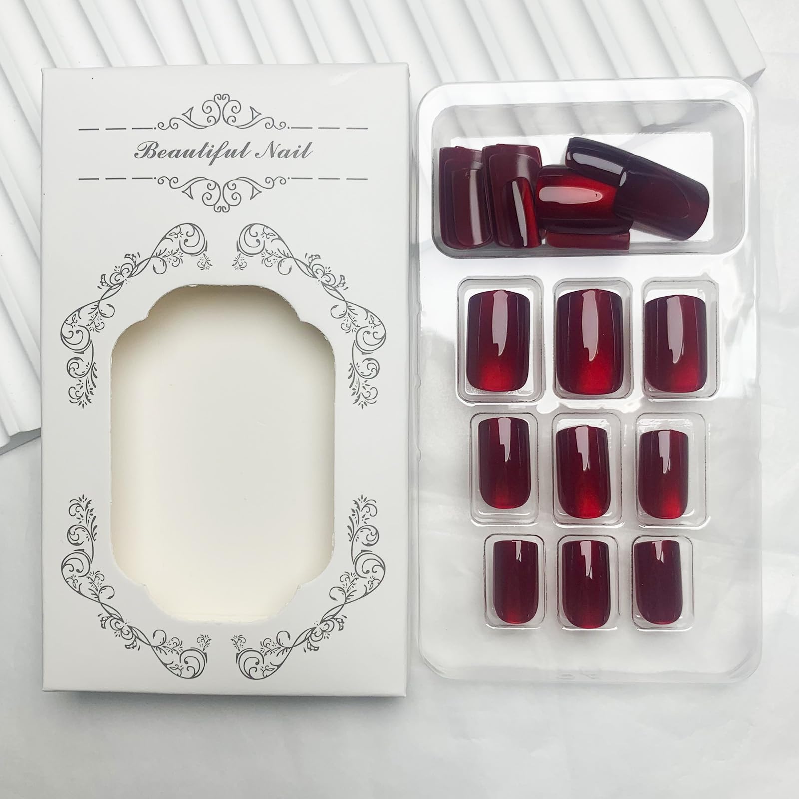 Wine Red Press on Nails Short Square Acrylic Nails Ombre Glitter Fake Nails Glossy Full Cover Glue on Nails Red Nails Press ons for Shiny Nails Manicure for Women 24Pcs - Image 4