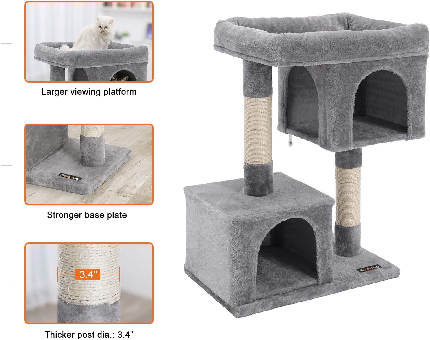 FEANDREA Cat Tree for Large Cats, Cat Tower 2 Cozy Plush Condos and Sisal Posts Cat House UPCT61W : Pet Supplies